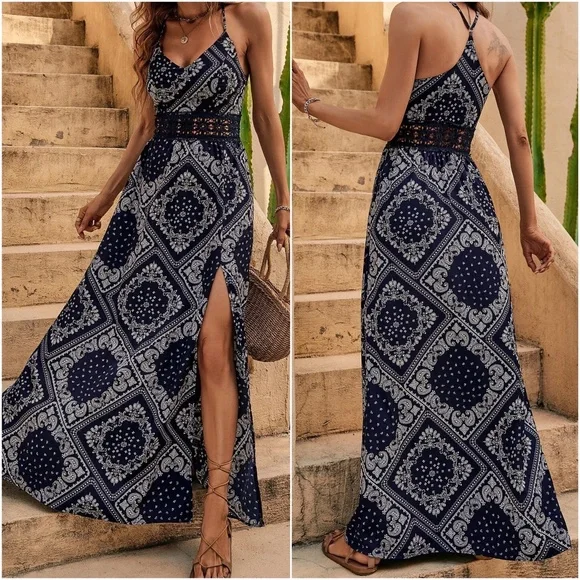 Boho Paisley Print Racerback cami Lace Maxi Dress - Picture 3 of 5